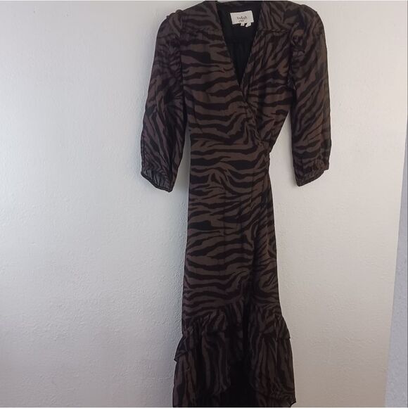 ba&sh Animal Print Selena Maxi high low Ruffle Zebra Print Dress Brown size XS - Picture 13 of 13